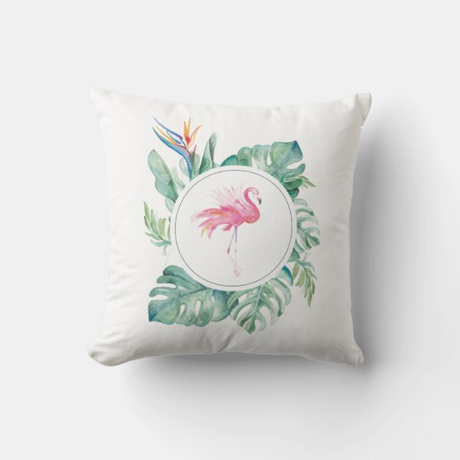 Stylish Tropical Leaves and Pink Flamingo Throw Pillow (Front)
