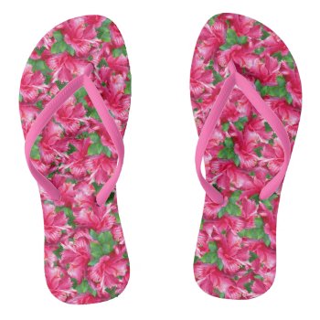 Stylish Tropical Pink Hibiscus Blossoms Flip Flops by anuradesignstudio at Zazzle
