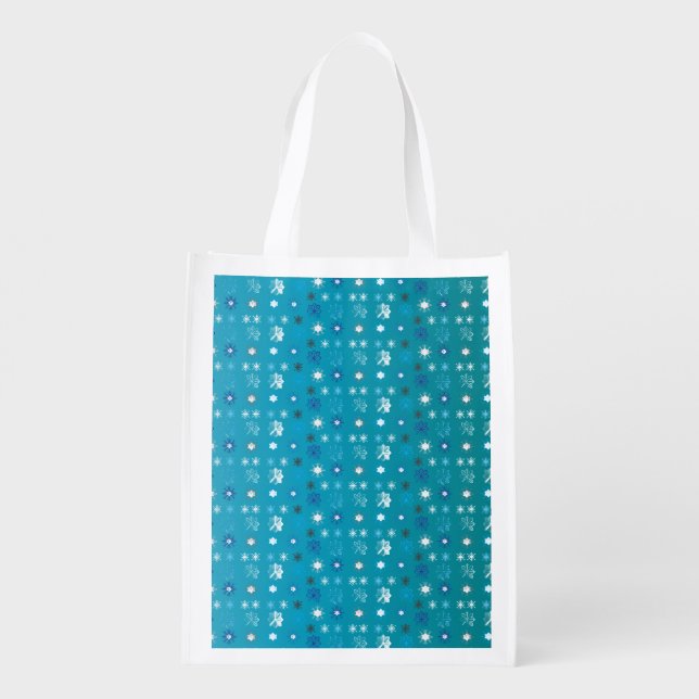 Stylish turquoise and white, stars and snowflakes reusable grocery bag (Back)
