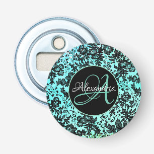 Stylish Turquoise Blue and Black Floral Monogram  Bottle Opener