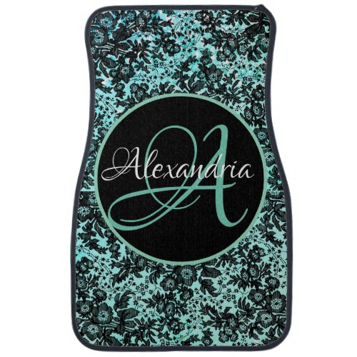 Stylish Turquoise Blue and Black Floral Monogram  Car Floor Mat