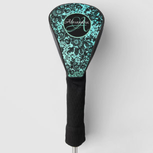 Stylish Turquoise Blue and Black Floral Monogram   Golf Head Cover