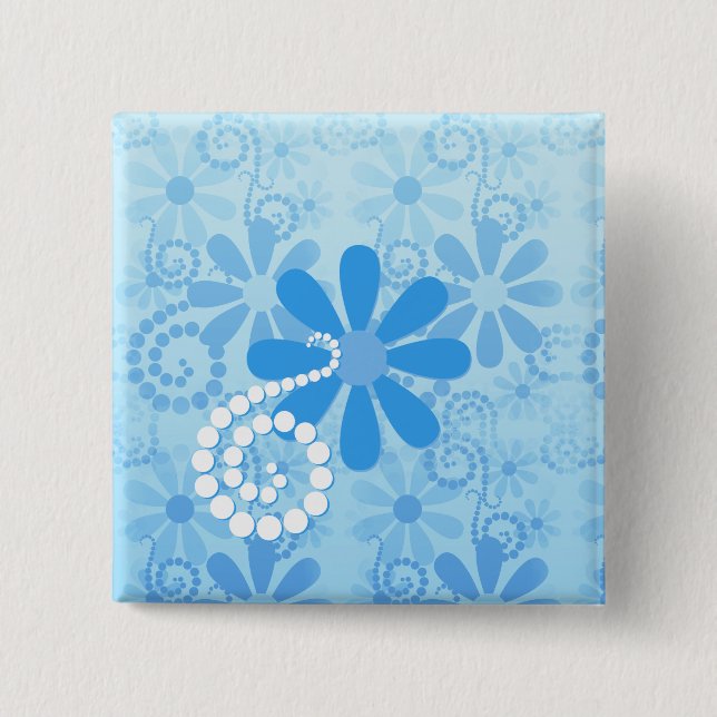 Stylish Turquoise Blue Floral Retro Daisy Flowers Pinback Button (Front)