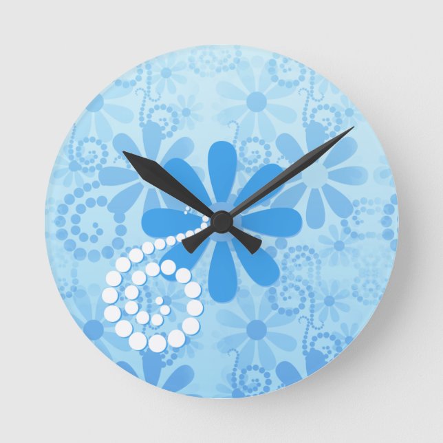 Stylish Turquoise Blue Floral Retro Daisy Flowers Round Clock (Front)