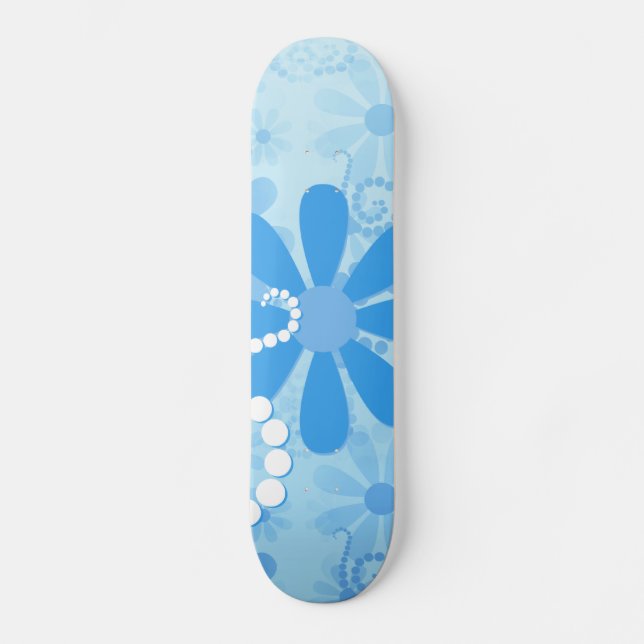 Stylish Turquoise Blue Floral Retro Daisy Flowers Skateboard Deck (Front)