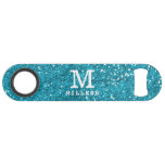 Stylish Turquoise Blue Glitter Monogrammed Bar Key