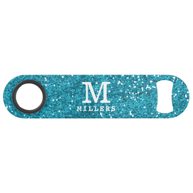 Stylish Turquoise Blue Glitter Monogrammed Bar Key (Front (Horizontal))