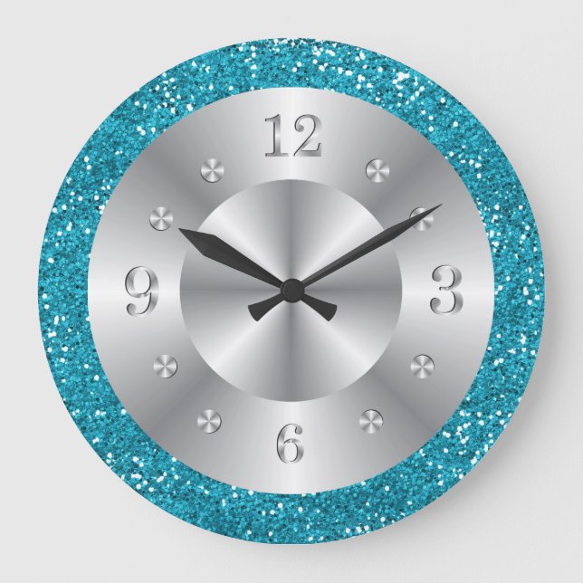 Stylish Turquoise Blue Glitter Silver Numbers Large Clock (Front)