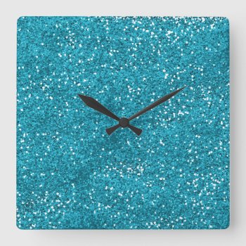 Stylish Turquoise Blue Glitter Square Wall Clock by InTrendPatterns at Zazzle