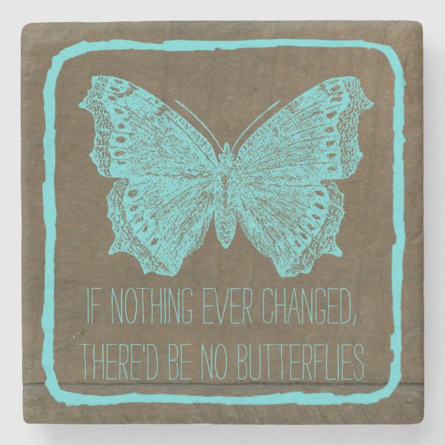 Stylish Turquoise Blue Wood Butterfly Quote Stone Coaster (Front)