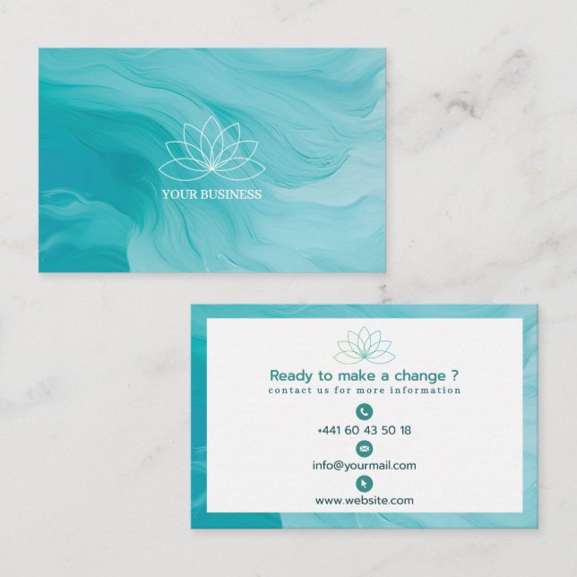 Stylish turquoise business card for therapist (Front/Back)