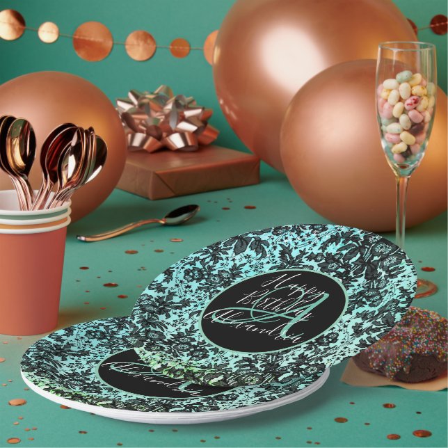 Stylish Turquoise Dark Moody Floral Birthday Paper Plates (Multi)