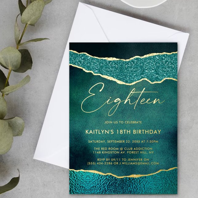 Stylish Turquoise Geoed Agate 18th Birthday Real Foil Invitation (Creator Uploaded)