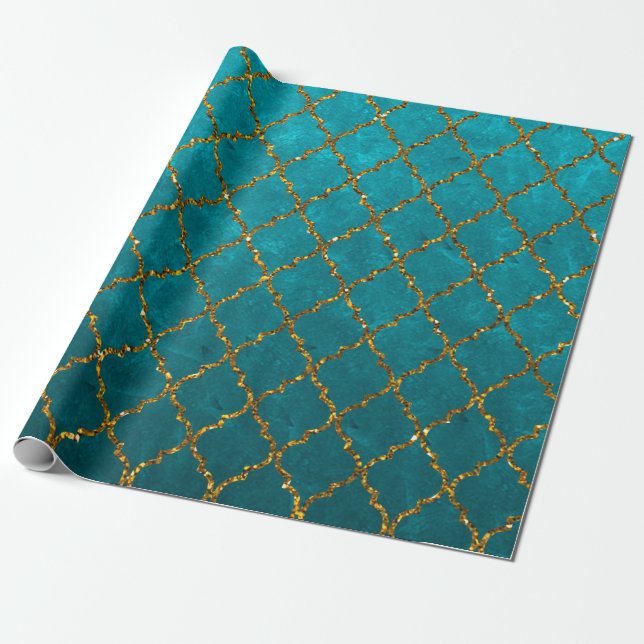 Stylish Turquoise Gold Quatrefoil Glitter Print Wrapping Paper (Unrolled)