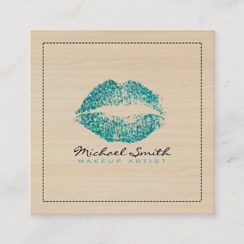 Stylish Turquoise Lips Makeup Artist Modern Wood Square Business Card