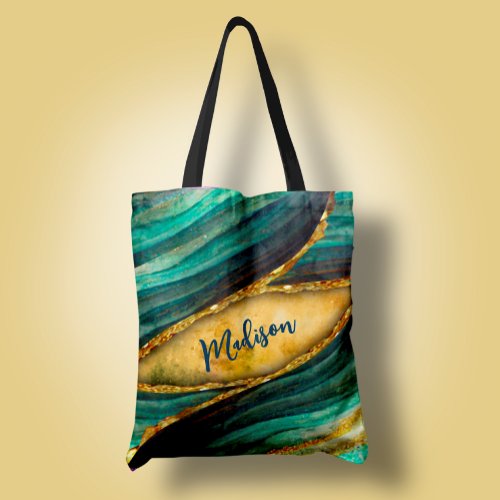 Stylish turquoise marble art faux gold glitter tote bag