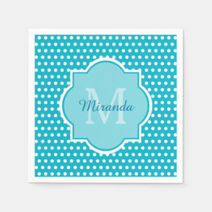 Stylish Turquoise Polka Dots Monogram With Name Napkins