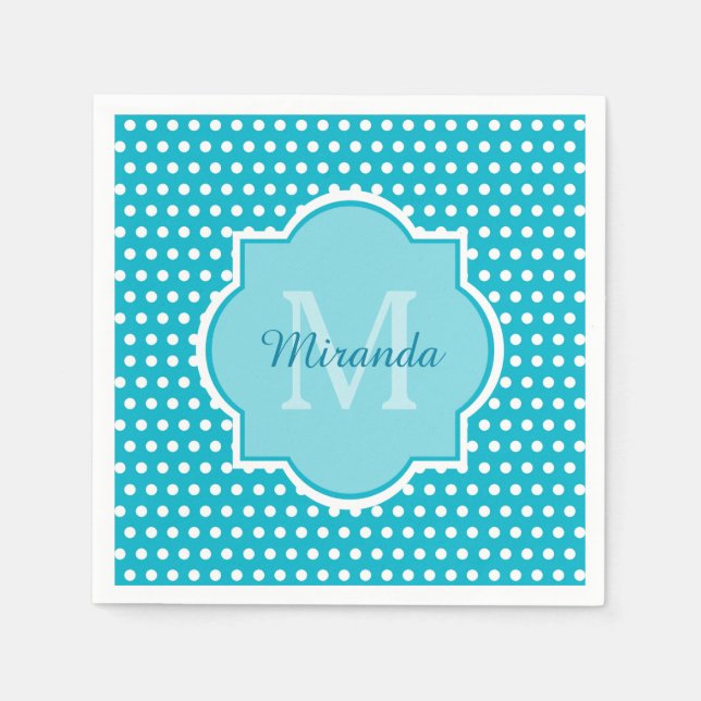 Stylish Turquoise Polka Dots Monogram With Name Napkins (Front)
