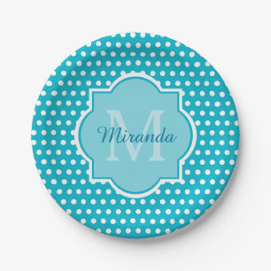 Stylish Turquoise Polka Dots Monogram With Name Paper Plates