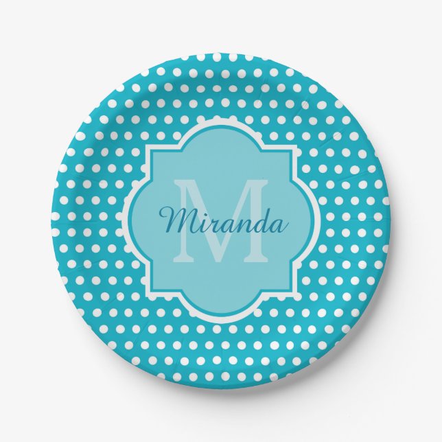 Stylish Turquoise Polka Dots Monogram With Name Paper Plates (Front)
