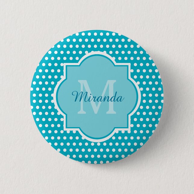 Stylish Turquoise Polka Dots Monogram With Name Pinback Button (Front)