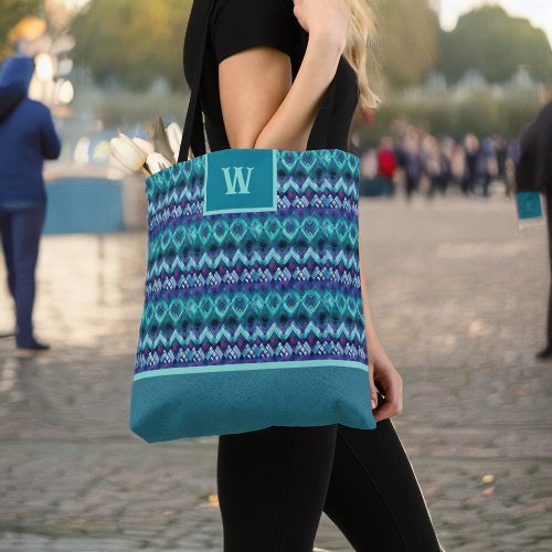 Stylish Turquoise Purple Tribal Pattern Monogram Tote Bag