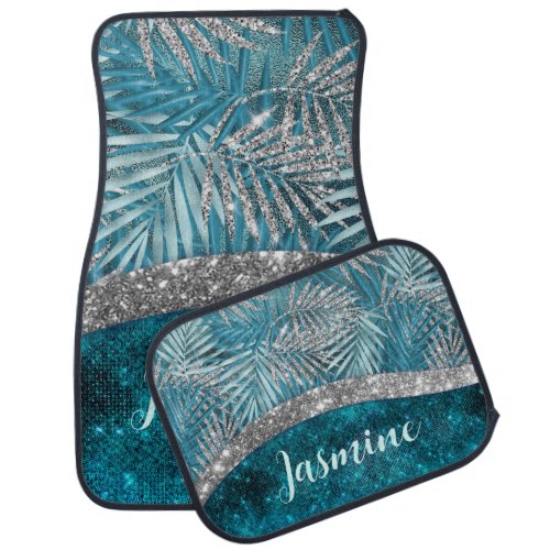 Stylish turquoise silver glitter leaves monogram car floor mat