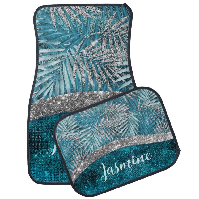 Stylish turquoise silver glitter leaves monogram car floor mat (Set)