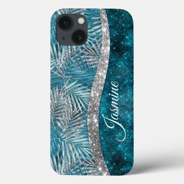 Stylish turquoise silver glitter leaves monogram Case-Mate iPhone case (Back)