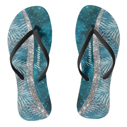 Stylish turquoise silver glitter leaves monogram flip flops