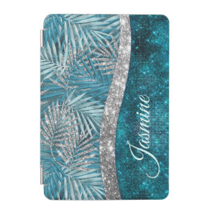 Stylish turquoise silver glitter leaves monogram i iPad mini cover