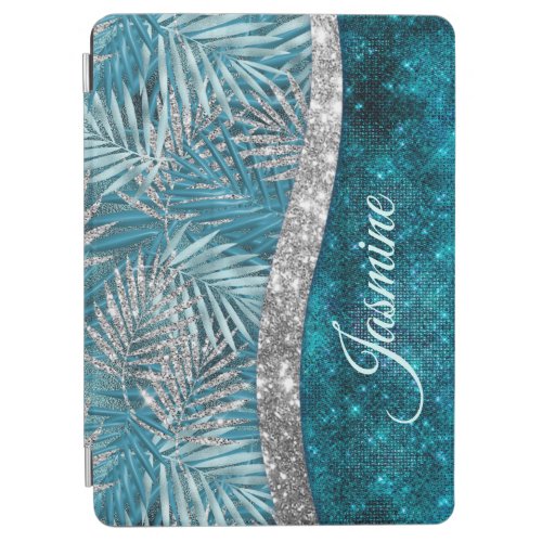 Stylish turquoise silver glitter leaves monogram iPad air cover