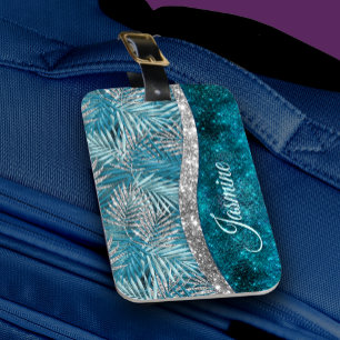 Stylish turquoise silver glitter leaves monogram luggage tag