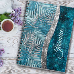 Stylish turquoise silver glitter leaves monogram notebook