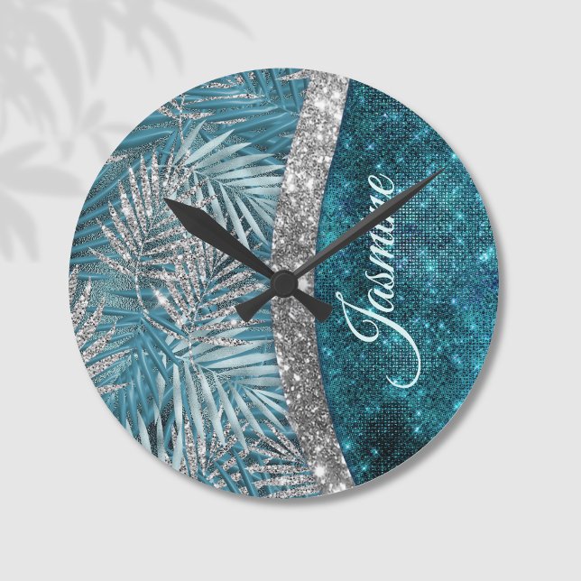 Stylish turquoise silver glitter leaves monogram round clock (Creator Uploaded)