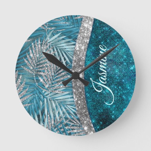 Stylish turquoise silver glitter leaves monogram round clock