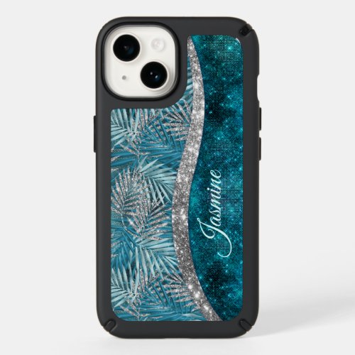 Stylish turquoise silver glitter leaves monogram speck iPhone 14 case