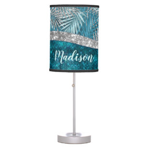 Stylish turquoise silver glitter leaves monogram table lamp