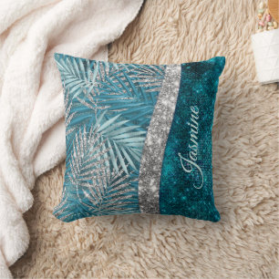Stylish turquoise silver glitter leaves monogram throw pillow
