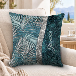 Stylish turquoise silver glitter leaves monogram throw pillow