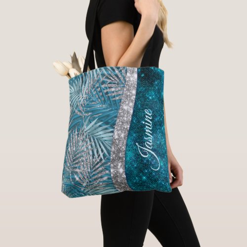 Stylish turquoise silver glitter leaves monogram tote bag