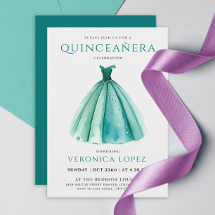 Stylish Turquoise Sky Dress Quinceañera Watercolor Invitation