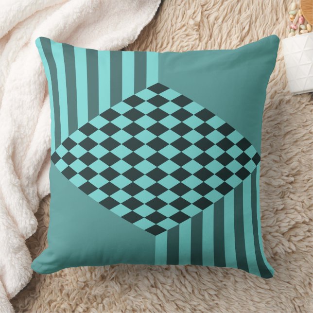 Stylish Turquoise Stripes Diamond Checkers Throw Pillow (Blanket)