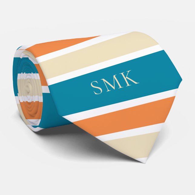 Stylish Turquoise Teal Orange Stripes Monogram Neck Tie (Rolled)