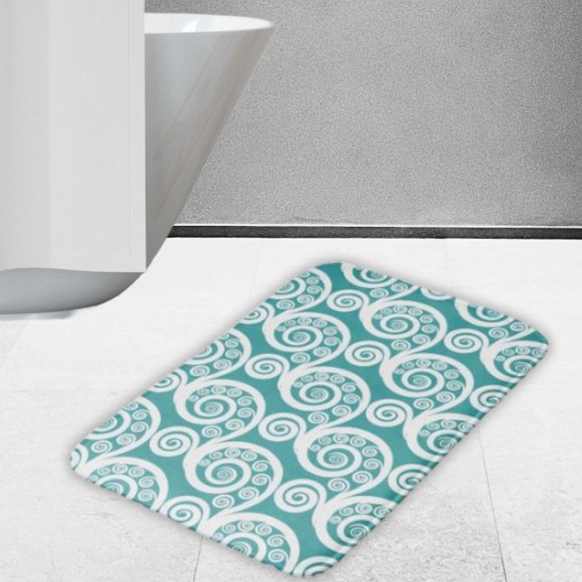 Stylish Turquoise & White Fern Leaf Curls Swirls Bath Mat (Creator Uploaded)