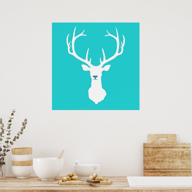 Stylish Turquoise White Tail Deer Head Silhouette  Poster (Kitchen)