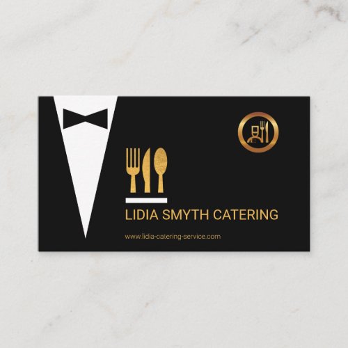 Stylish Tux Gold Fork Knife Spoon Catering Service Business Card
