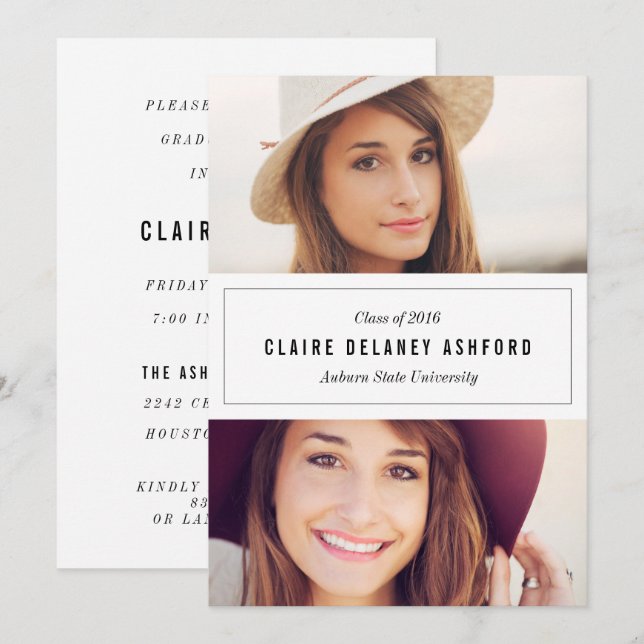 Stylish Two Photo Graduation Announcement Invite (Front/Back)