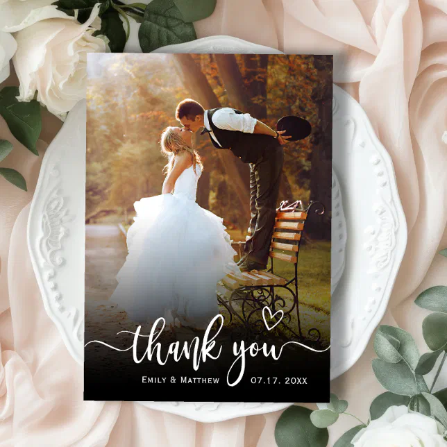Stylish typography 2 photo wedding thank you card zazzle