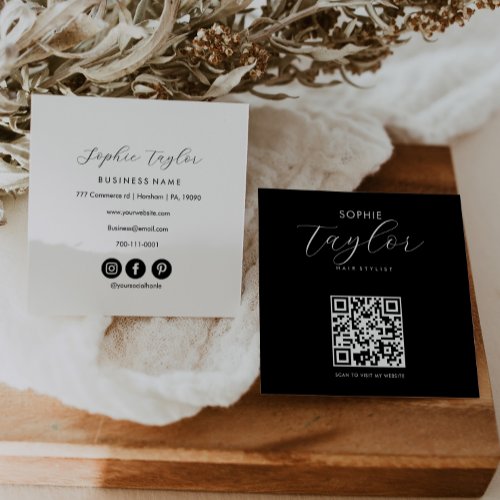 Stylish Typography Black White Qr Code Square Business Card